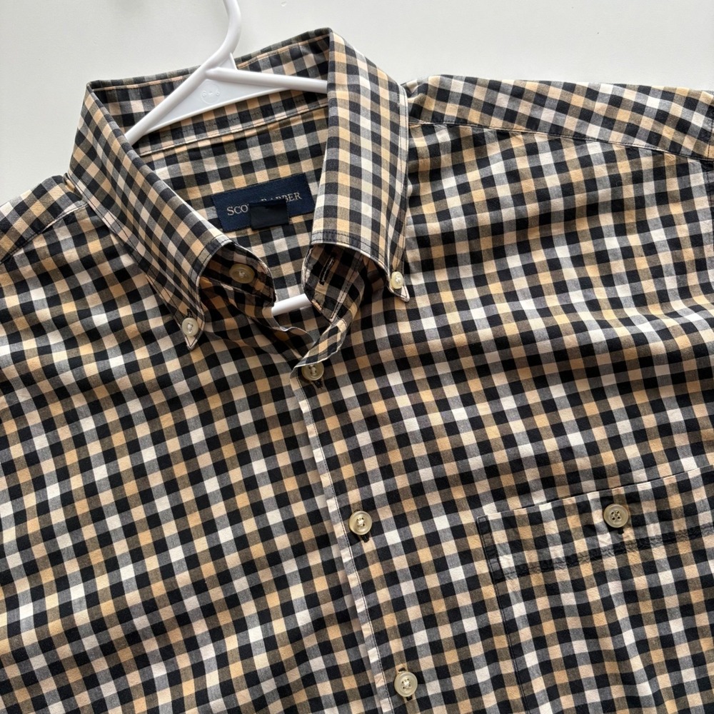 Scott Barber Mens Large Gingham Check Button Down Shirt Black‎ Tan 100% Cotton
